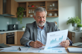 Homme d'âge moyen comparant des finances dans une cuisine
