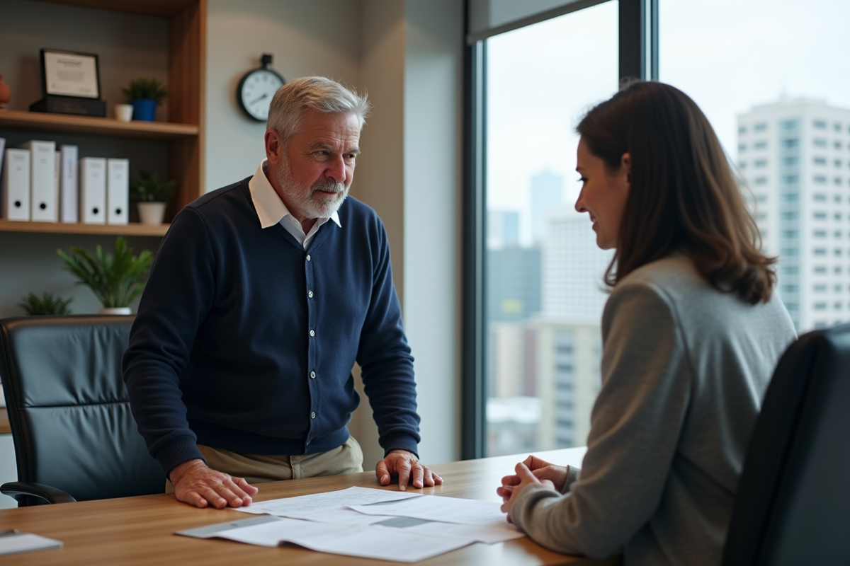 Homme âgé discutant avec un conseiller dans un bureau moderne