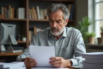 Homme consultant un document sur son livret A à son bureau à domicile