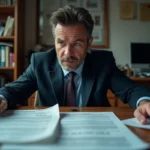 Homme en costume examinant des documents de condamnation pécuniaire et d'amende sur un bureau encombré