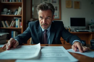 Homme en costume examinant des documents de condamnation pécuniaire et d'amende sur un bureau encombré