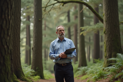Homme d'affaires observant une forêt automnale dense