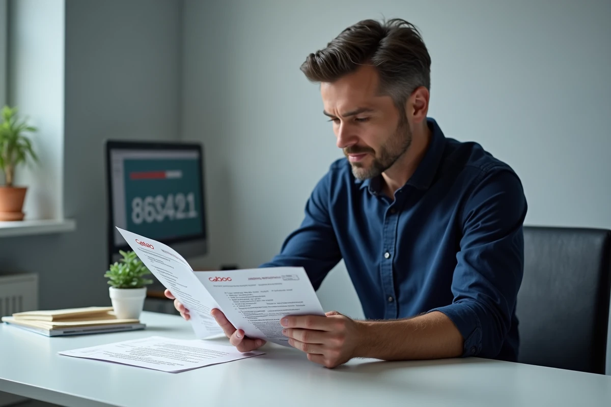 Homme consultant un guide pratique pour utiliser ses chèques Cadhoc en ligne depuis un bureau à domicile