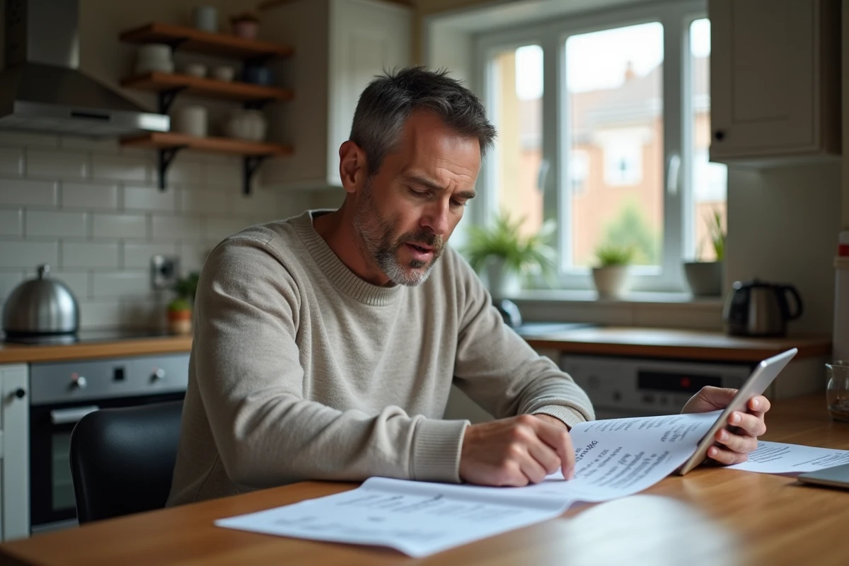 Homme concentré sur un rapport d investissement à la maison