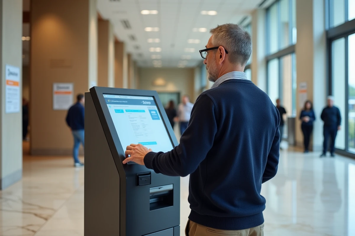 Homme utilisant un kiosque de paiement dans un hall moderne