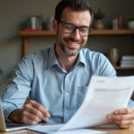 Homme d'âge moyen examinant des documents de prêt à la maison