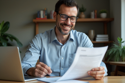 Homme d'âge moyen examinant des documents de prêt à la maison