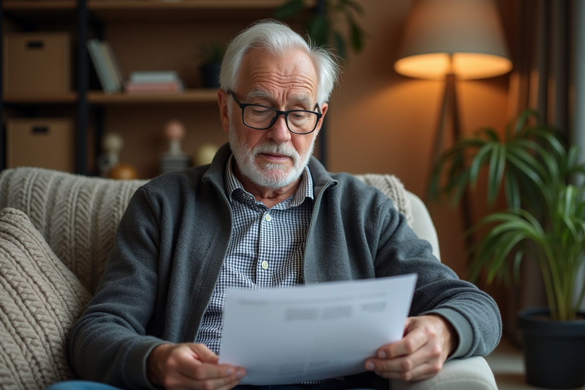 Homme âgé étudiant des papiers financiers dans un salon