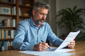 Homme d'âge moyen lisant un formulaire d'impôts à la maison