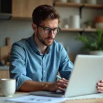Homme pensif utilisant un ordinateur dans une cuisine moderne