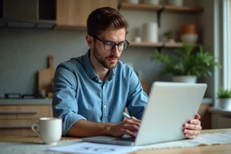 Homme pensif utilisant un ordinateur dans une cuisine moderne