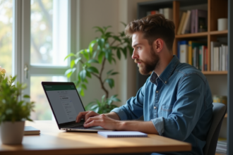 Jeune homme regardant un paiement decliné sur son ordinateur
