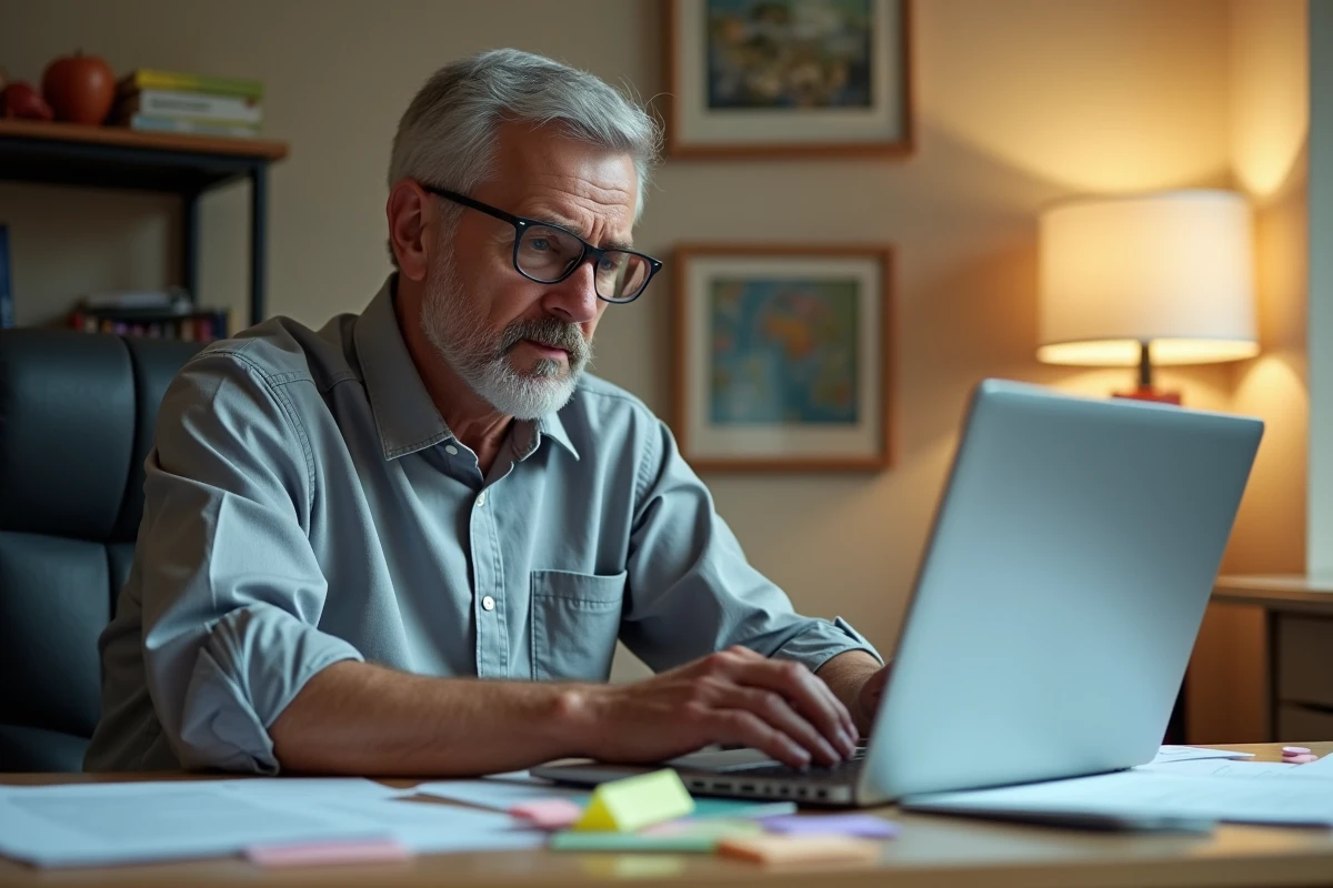 Homme consultant un site gouvernemental sur ordinateur portable pour vérifier son éligibilité à la prime versement 1745