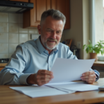 Homme d'âge moyen examinant des papiers dans une cuisine chaleureuse