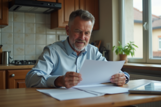 Homme d'âge moyen examinant des papiers dans une cuisine chaleureuse