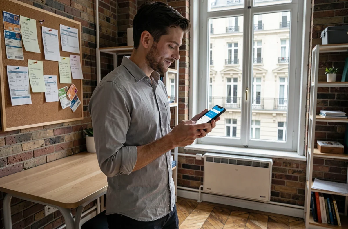 Jeune homme dans un studio parisien calculant son salaire net à partir de 2480 euros brut sur smartphone