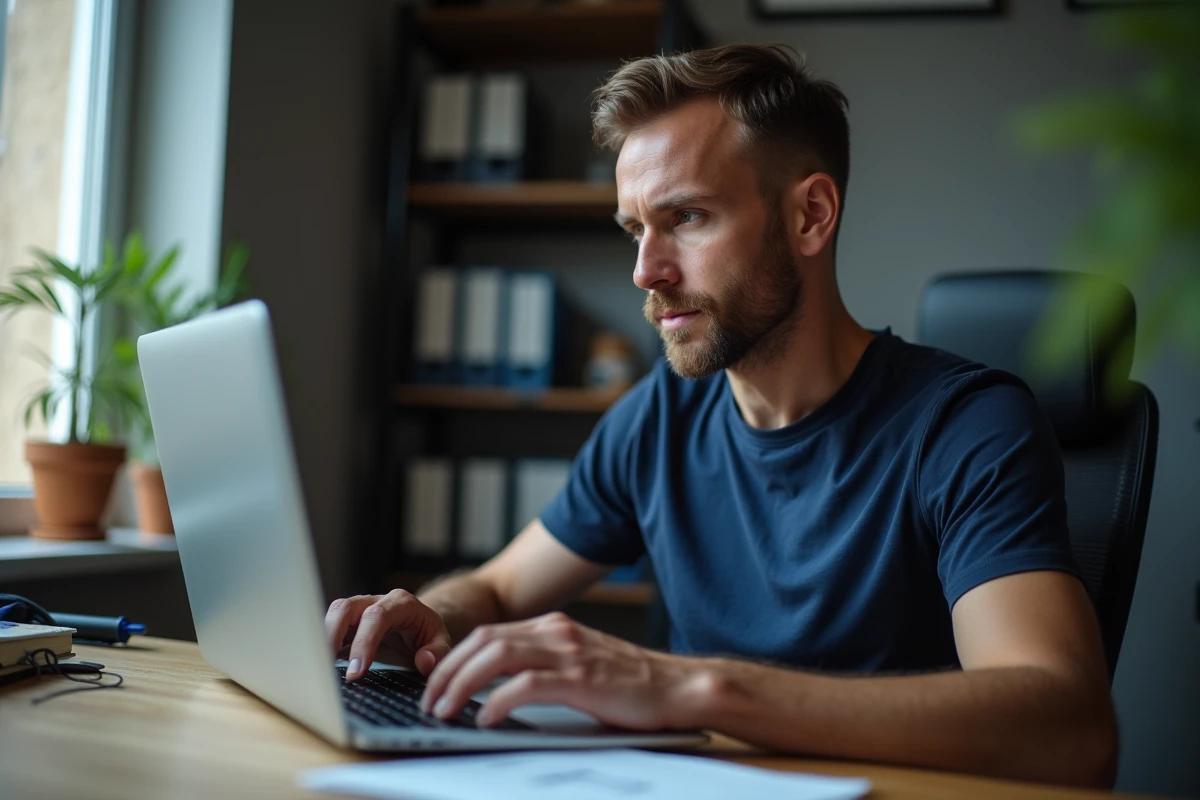 Homme rédigeant un message à la CAF sur son ordinateur portable pour un virement non crédité