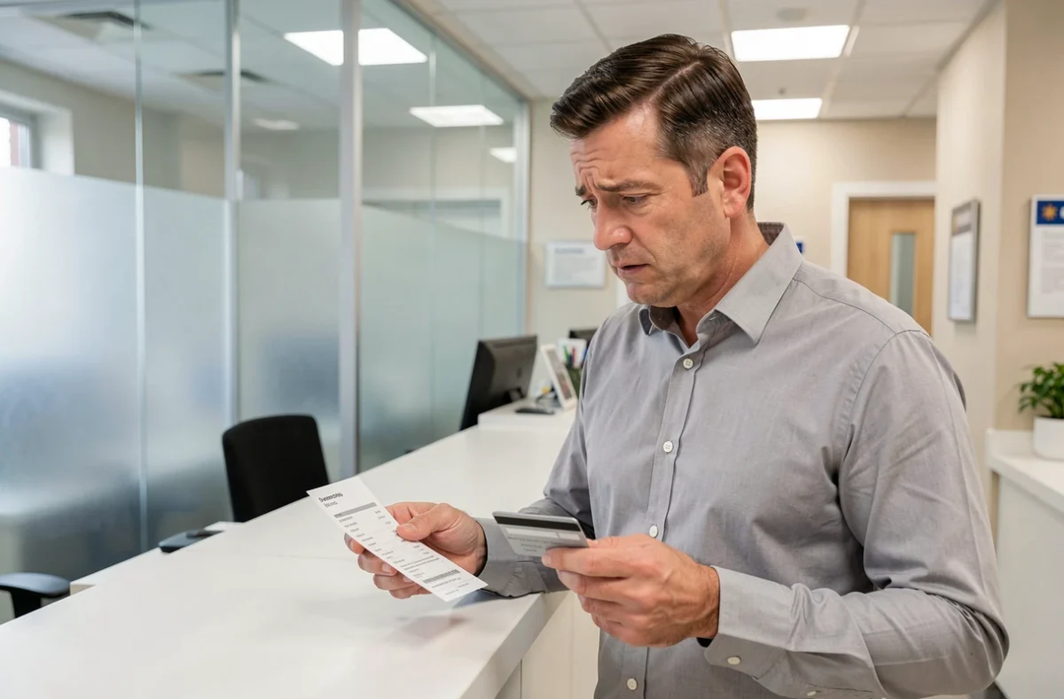 Homme perplexe devant un refus de virement instantané au guichet d'une banque postale