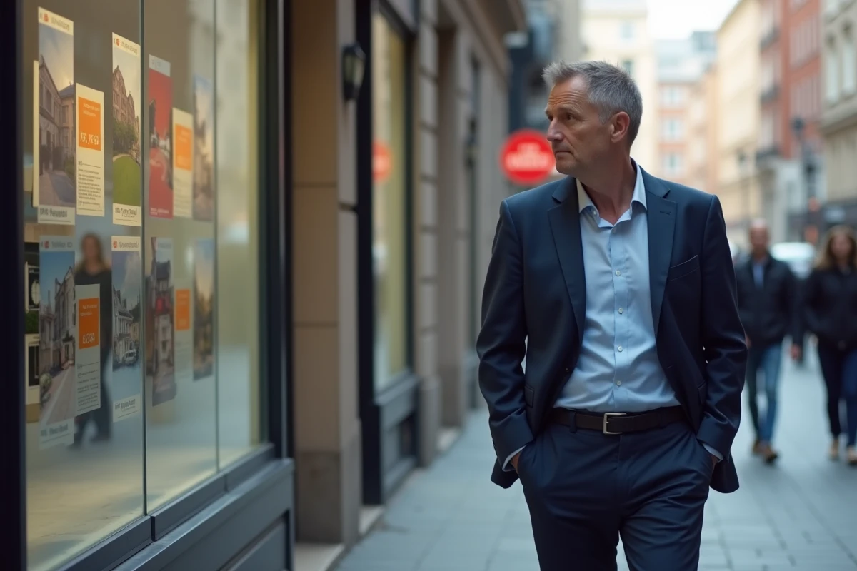 Homme en costume regarde annonces immobilières en ville