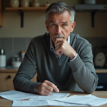 Homme d'âge moyen pensif avec factures sur la table