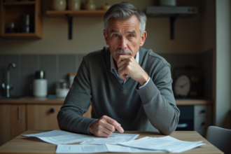 Homme d'âge moyen pensif avec factures sur la table