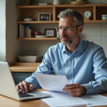 Homme en train de revoir une déclaration de pension dans sa cuisine