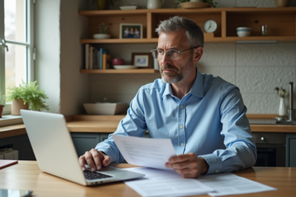 Homme en train de revoir une déclaration de pension dans sa cuisine