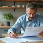 Homme d'âge moyen examine documents d'assurance à la maison