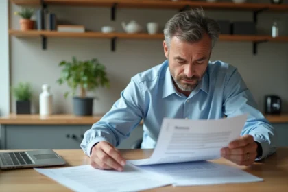 Homme d'âge moyen examine documents d'assurance à la maison