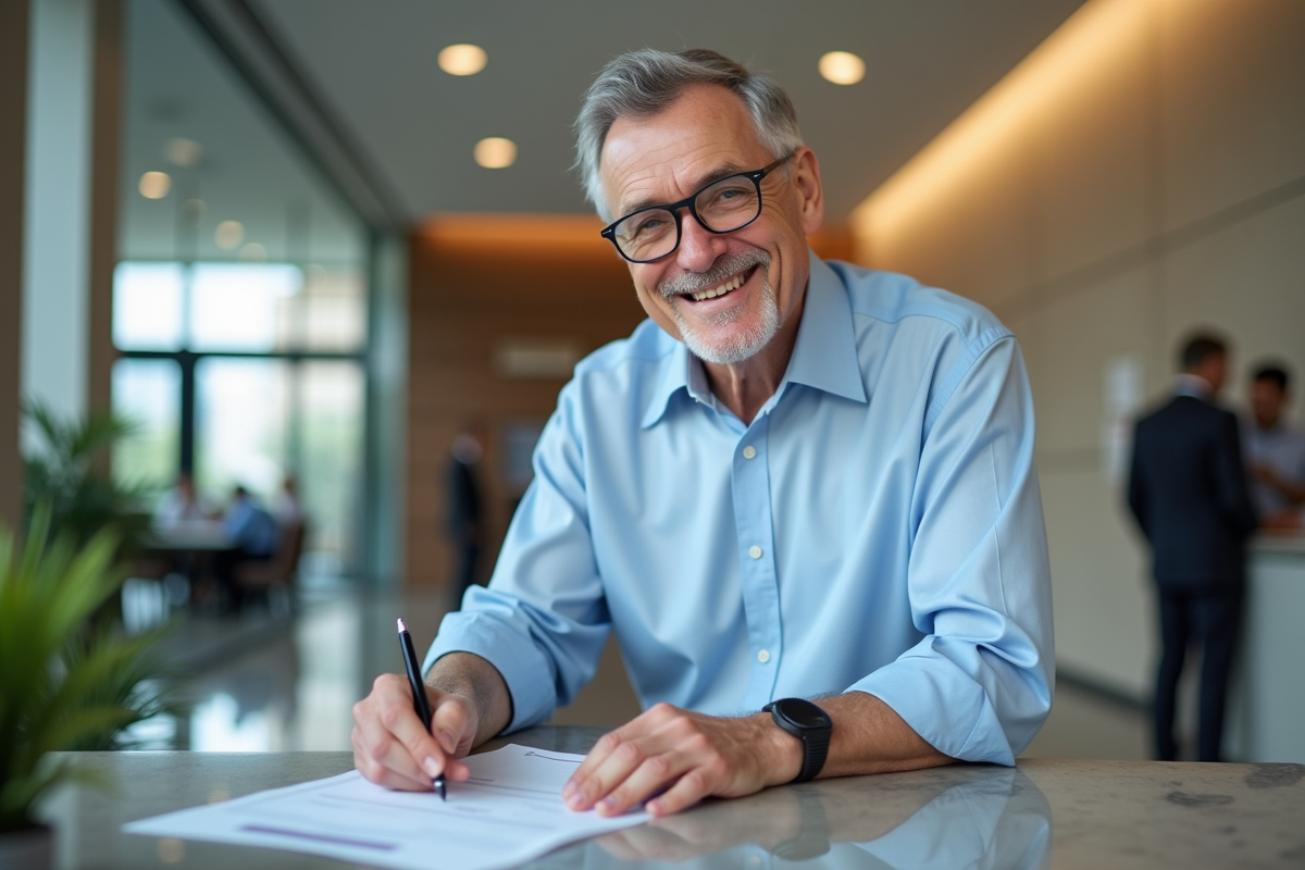 Homme senior souriant signant des documents à la banque