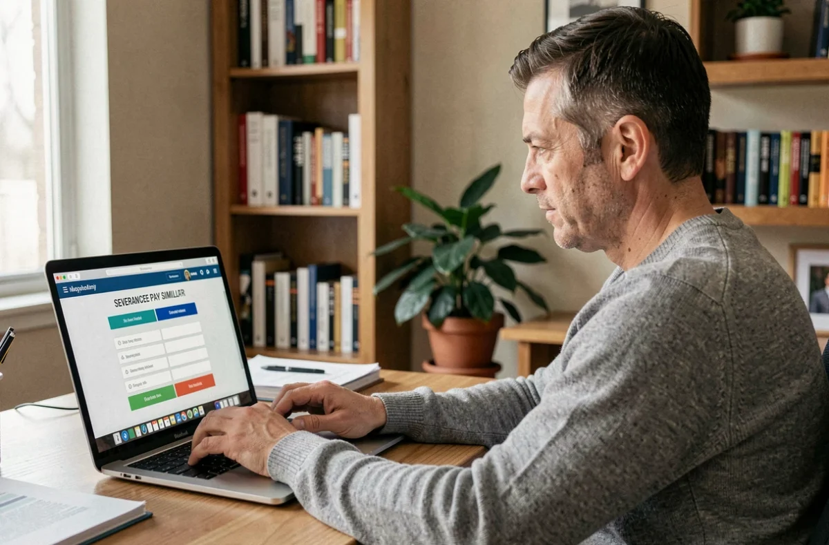 Homme utilisant un simulateur de solde de tout compte en ligne sur son ordinateur portable depuis son bureau à domicile avant de démissionner