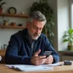 Homme d'âge moyen vérifiant son smartphone à la cuisine