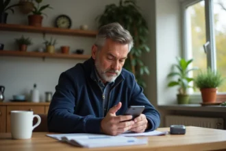 Homme d'âge moyen vérifiant son smartphone à la cuisine