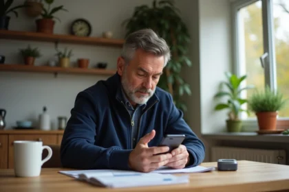 Homme d'âge moyen vérifiant son smartphone à la cuisine