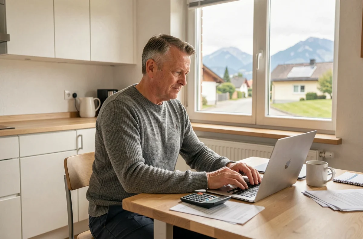 Homme suisse calculant son salaire net et ses cotisations de retraite sur ordinateur depuis son domicile en Suisse