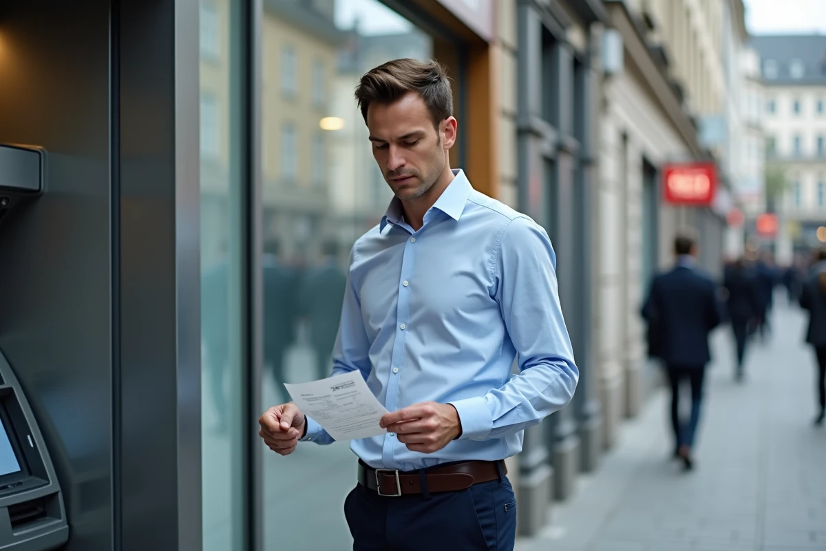 Homme d'affaires suisse consultant un reçu bancaire devant un distributeur en ville