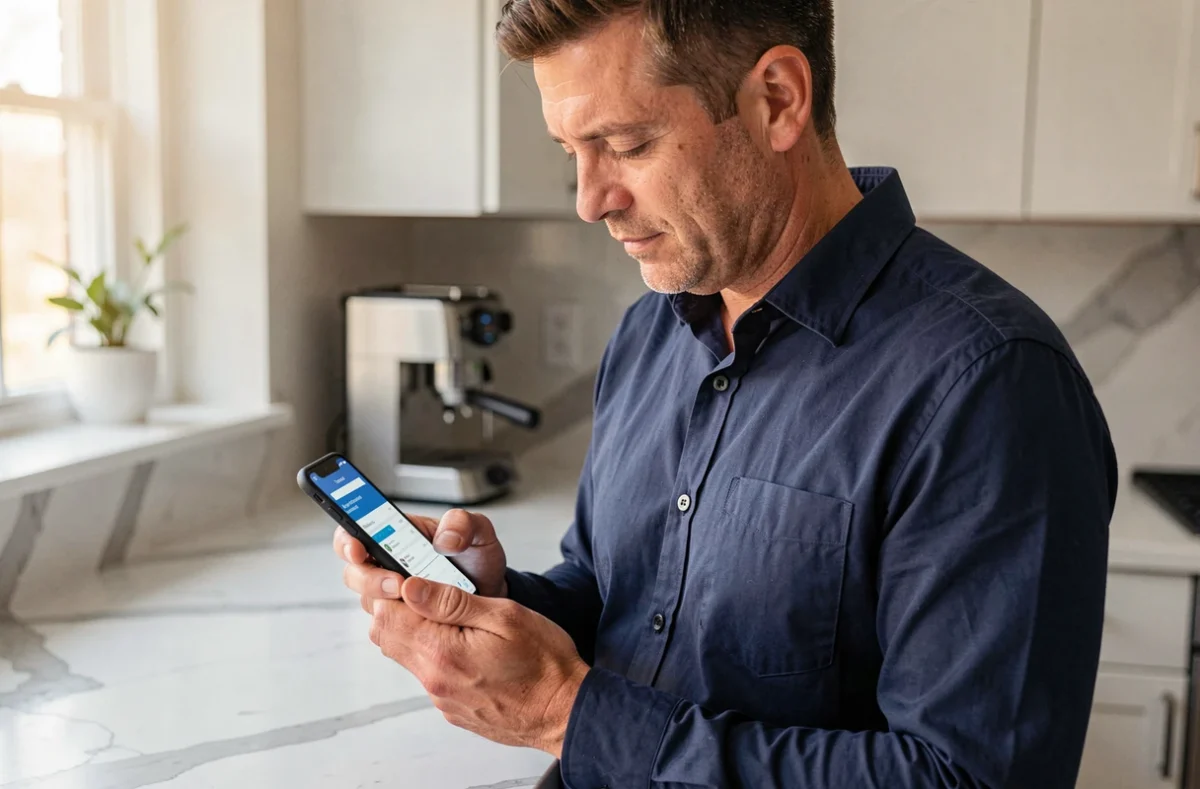 Homme consultant ses prélèvements automatiques et le suivi de son compte bancaire sur smartphone dans une cuisine moderne