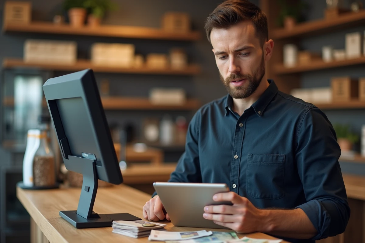 Homme utilisant une calculatrice en ligne pour vérifier un paiement en espèces au comptoir d'un commerce