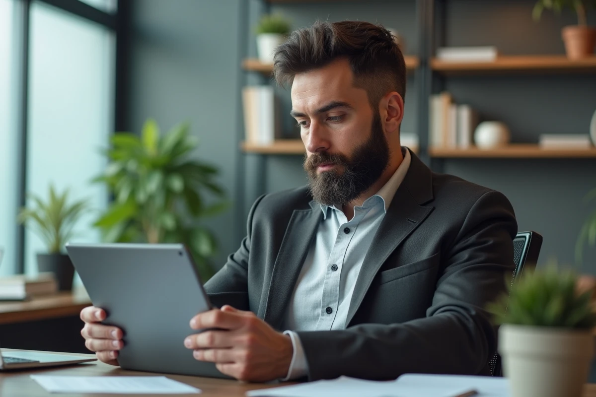 Homme en smart casual examinant des documents numériques au bureau