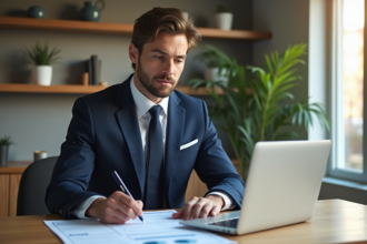 Homme d'affaires en bureau moderne avec documents financiers
