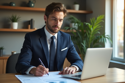 Homme d'affaires en bureau moderne avec documents financiers
