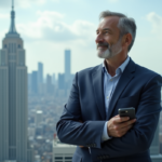 Homme d'affaires en costume devant la skyline urbaine