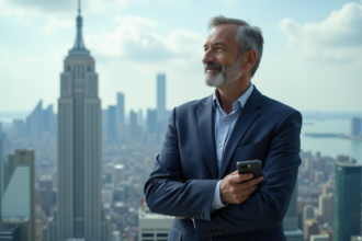 Homme d'affaires en costume devant la skyline urbaine