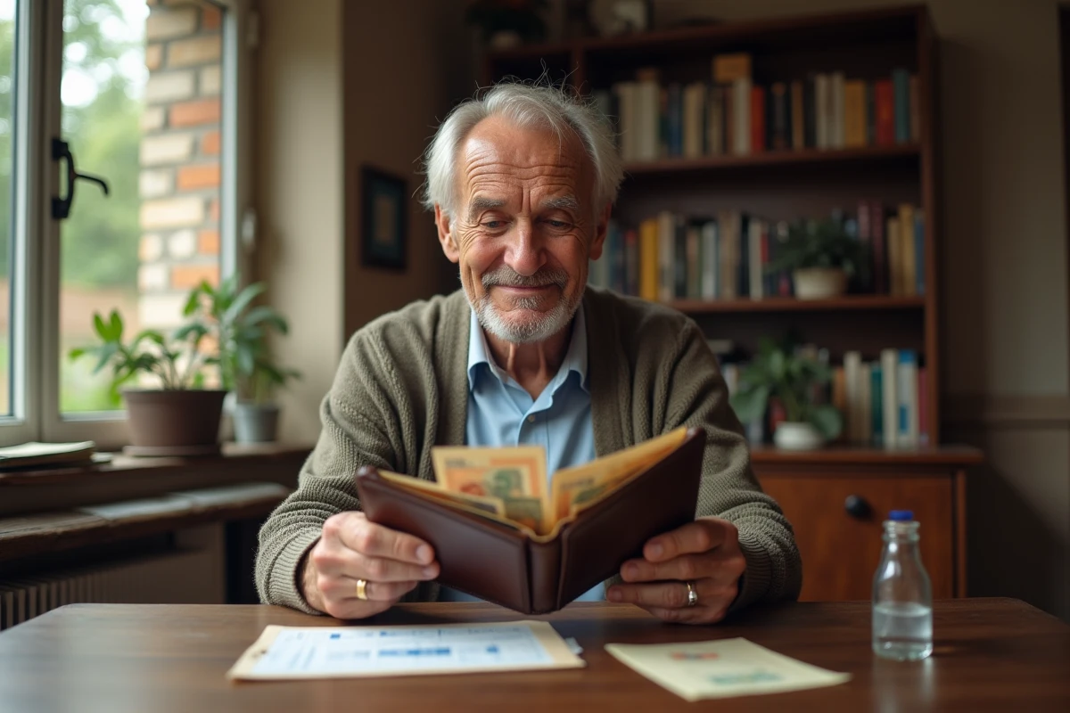 Homme étudiant un portefeuille avec des francs anciens