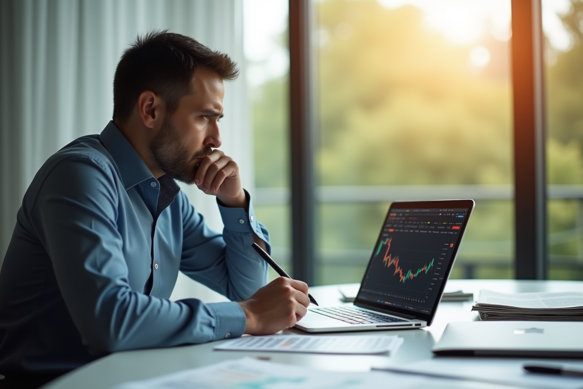 Investisseur pensif analysant des graphiques boursiers en intérieur
