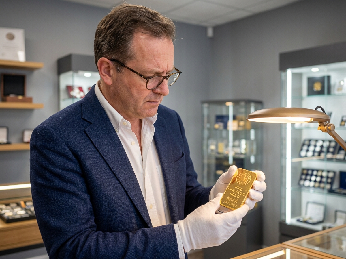 Un investisseur expérimenté examine attentivement un lingotin d'or de 100 grammes dans une boutique spécialisée en métaux précieux
