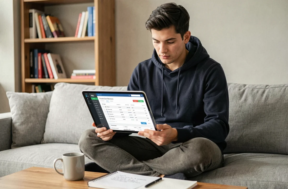 Jeune investisseur particulier consultant une application de bourse sur tablette avec une check-list d'ordres depuis son domicile