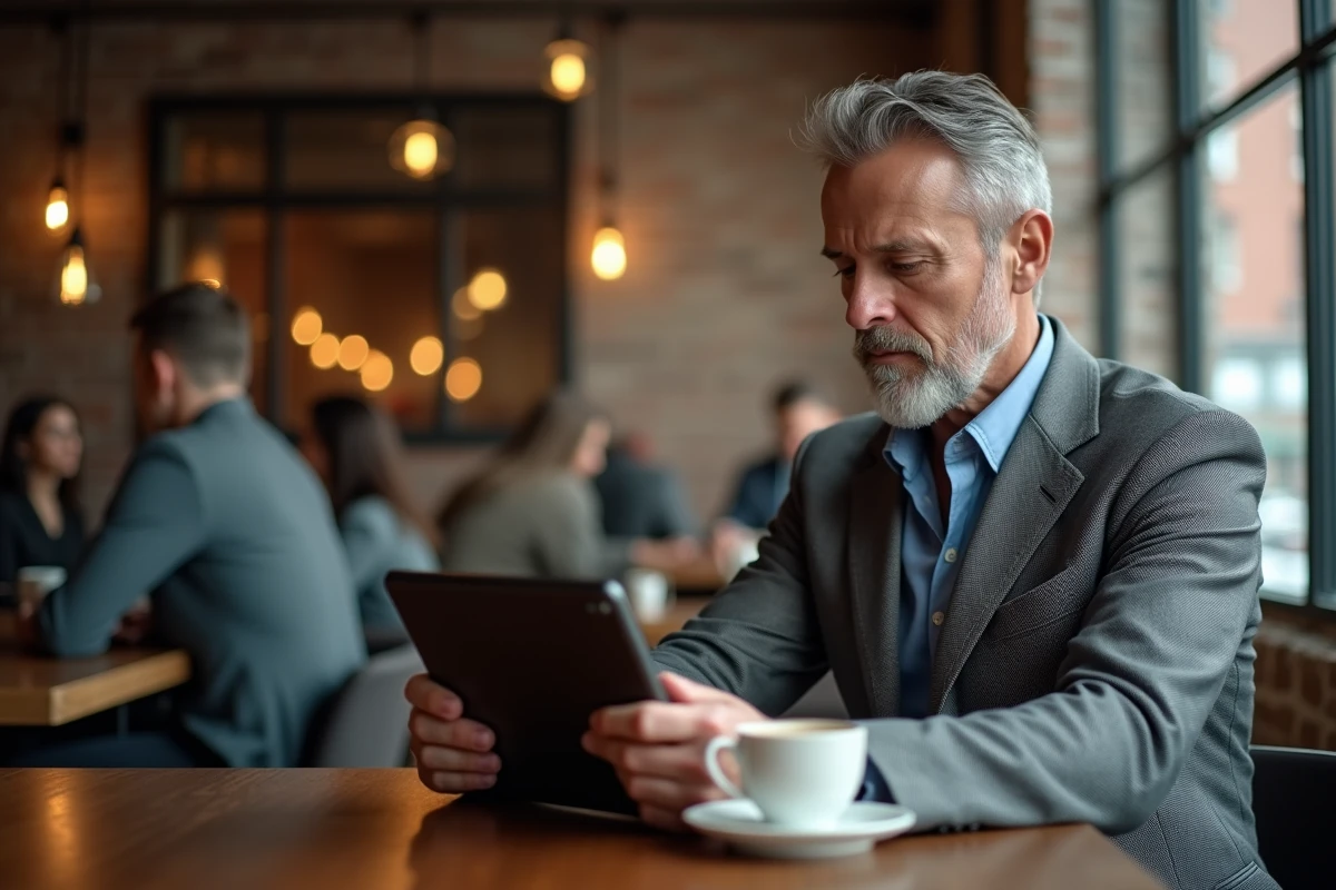 Investisseur masculin étudiant un portefeuille de revenus financiers sur tablette dans un café