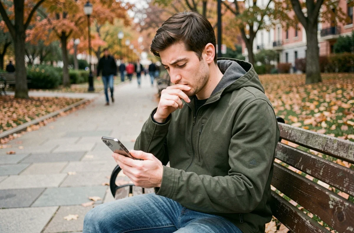 Jeune adulte vérifiant une alerte de sécurité sur son application bancaire mobile dans un parc urbain
