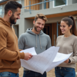 Jeune couple avec architecte sur chantier de construction